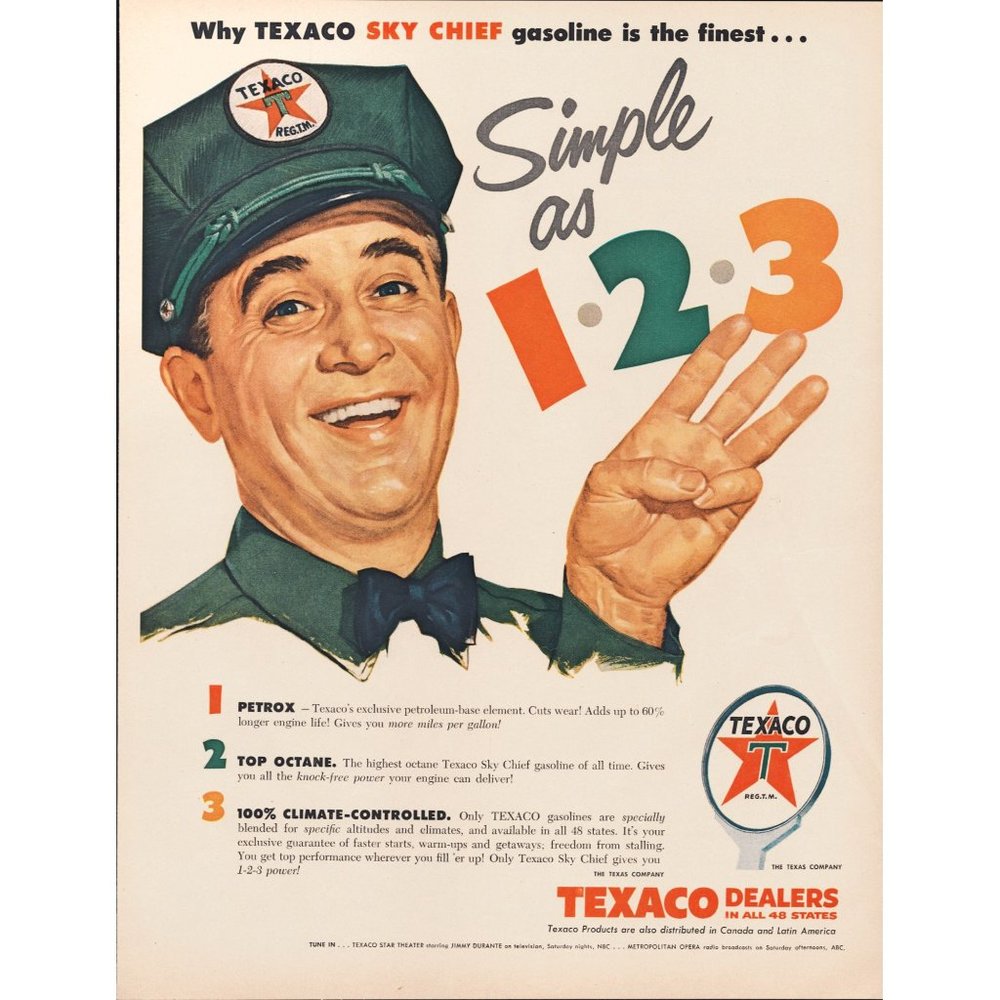 1956 Texaco Skychief Gasoline Gas Vintage Print Ad Texas Oil Company Wall Art 50